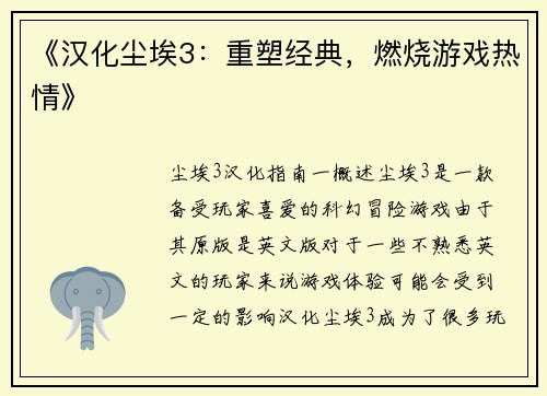 《汉化尘埃3：重塑经典，燃烧游戏热情》
